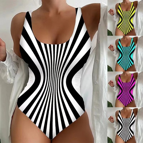 Women's swimsuit 2025 European and American style sexy spaghetti strap striped bikini beach hot spring one-piece swimsuit