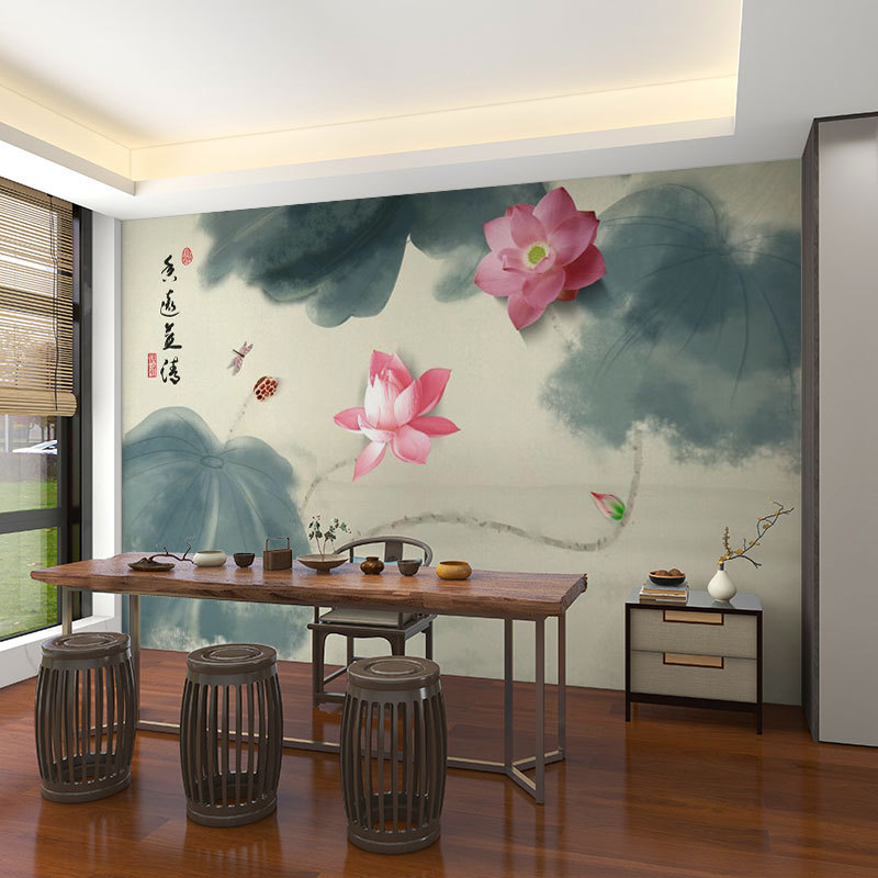 壁画3d立体中式意境荷花电视背景墙壁纸客厅壁布装饰墙布墙纸|undefined