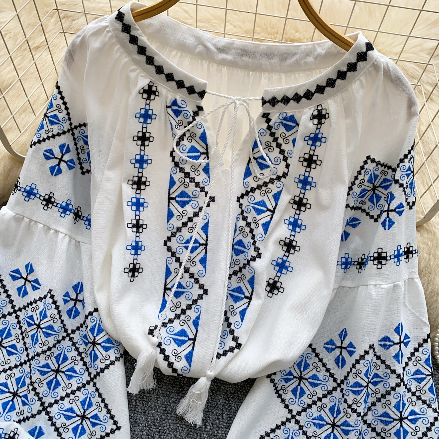Women's Ethnic Style Embroidered Shirt Summer Long Sleeve Loose Fitting Tassel Tie Lantern Sleeve Heavy Duty Design Top For Commuting_ecoleips.com
