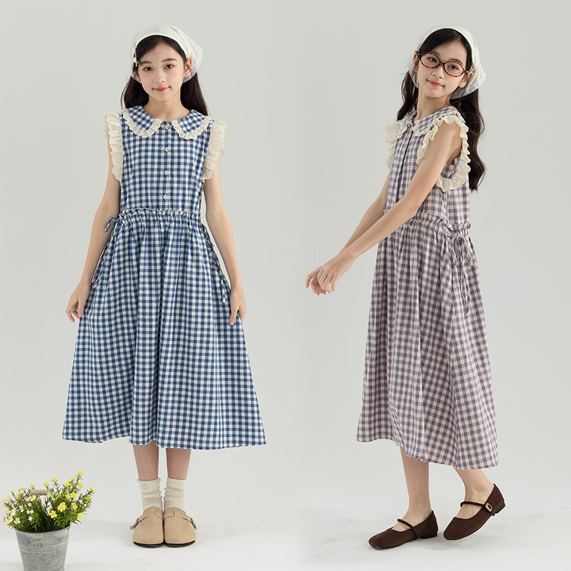 A generation of girls doll collar plaid dress summer cuhk children's small fly sleeve sleeveless vest skirt