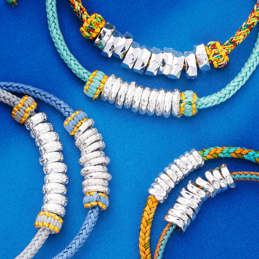 足银盘缠手链S999纯银光面不规则银圈圈手工锤纹盘缠手串配件材料