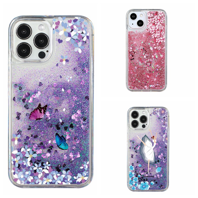 Suitable for iPhone 15 ProMax phone case Apple 14 Goddess Butterfly Fallen Leaves Peach Blossom Flowing Sand 13_voghion.com