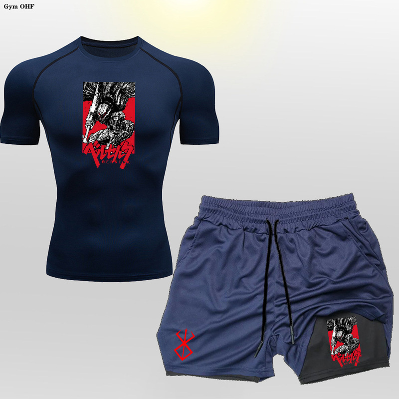 Summer Men's Berserk Anime Quick-Drying Sports Suit Short-Sleeved Shorts Two-Piece Fitness Training Suit Printed Summer Men's Berserk Anime Quick-Drying Sports Suit Short-Sleeved Shorts Two-Piece Fitness Training Suit Printed