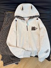美式复古刺绣恶魔豹纹贴布连帽拉链卫衣秋季新款潮流男女外套
