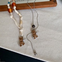 可爱丝绒虎眼石小熊抽拉项链女秋冬小众设计感长款毛衣链独特配饰