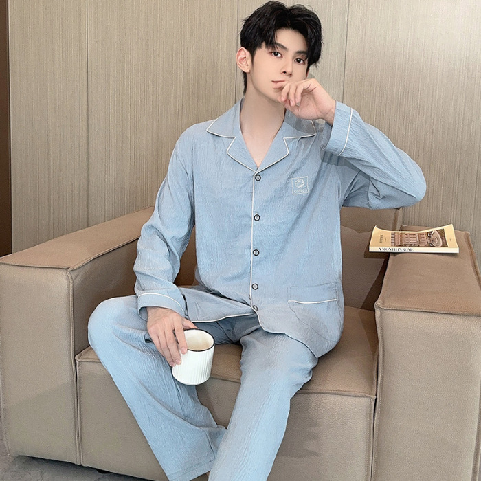 2025 nuevo pijama de primavera y otoño de hombre nubes de algodón de manga larga con la solapa de vestir de casa para niños set de verano