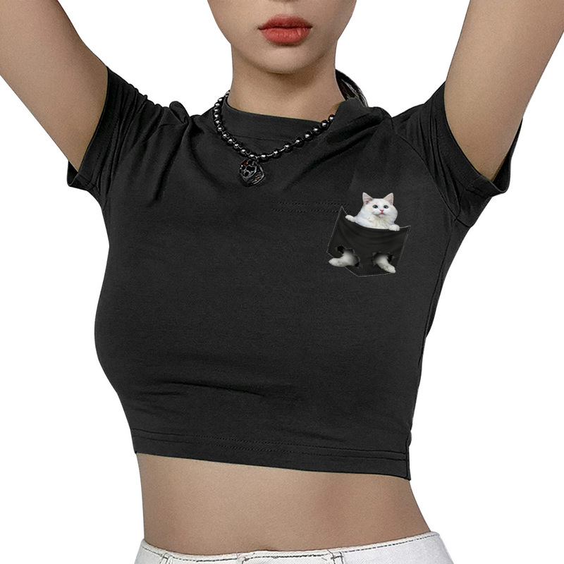 Real shot European and American style T-shirt women's short sleeve loose T-shirt women's simple kitten t-shirt a generation of hair