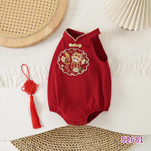 夏季新款婴儿连体衣      新中式国风儿童三角爬宝宝喜庆哈衣爬服