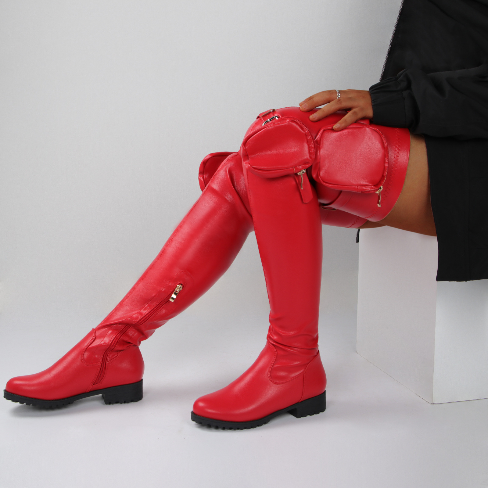 Damenschuhe Winter neue Damen Overknee-Stiefel mit runder Spitze, niedrigem quadratischem Absatz, kleine Tasche, Dekoration, große Größe, modische Stiefel_voghion.com
