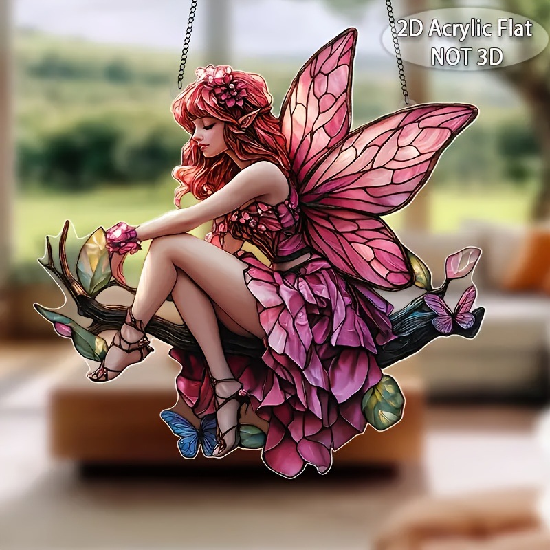 Colgante plano 2D, 1 pieza de rosa Fairy Acrylic Colgante - 8 "x 8" Dream Catcher