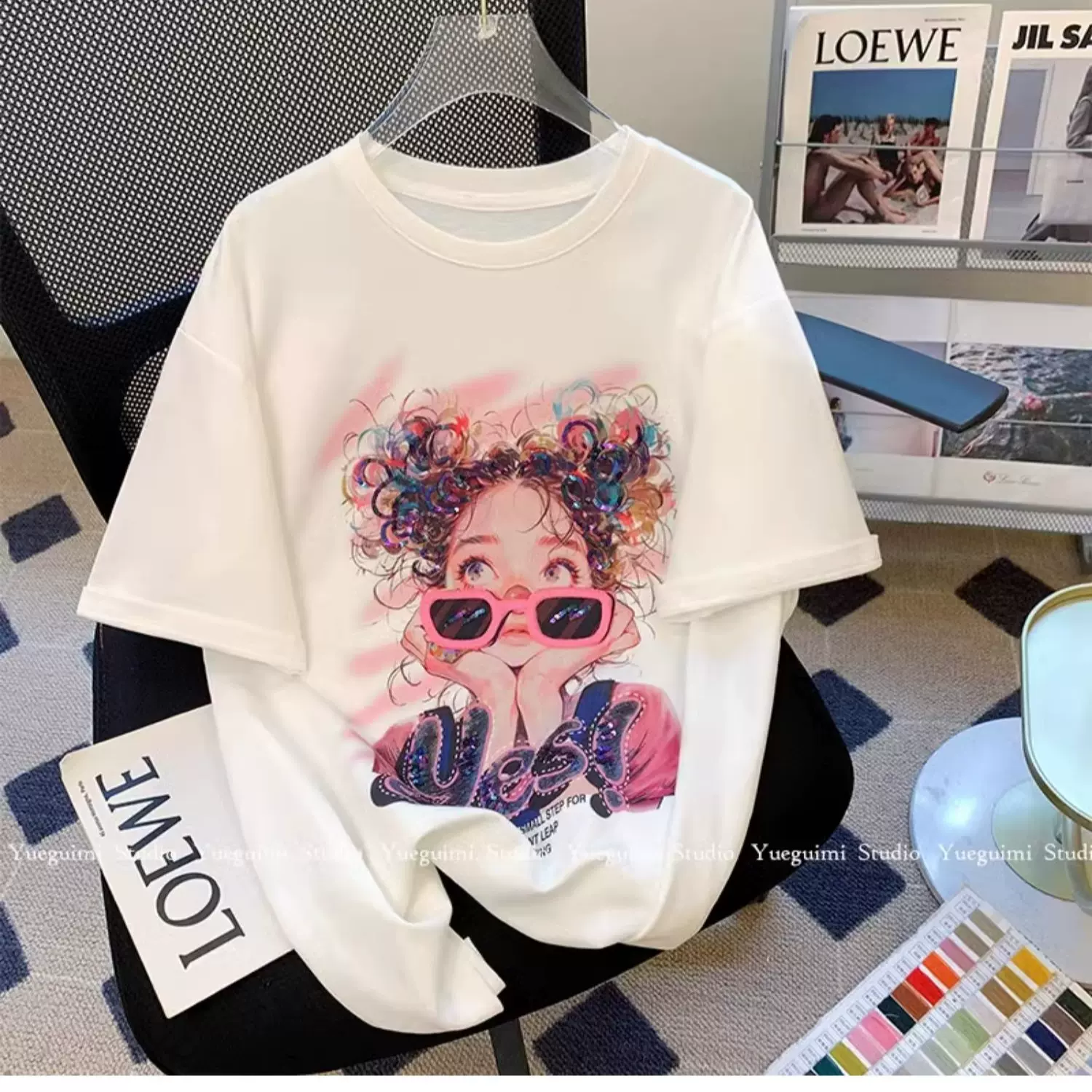 白色趣味女孩短袖t恤女夏季欧货大版洋气宽松休闲体恤上衣服ins潮