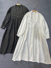 日本系森女亜麻刺繍ワンピースレトロ宮廷風フレンチバブル袖レース襟秋ロングスカート