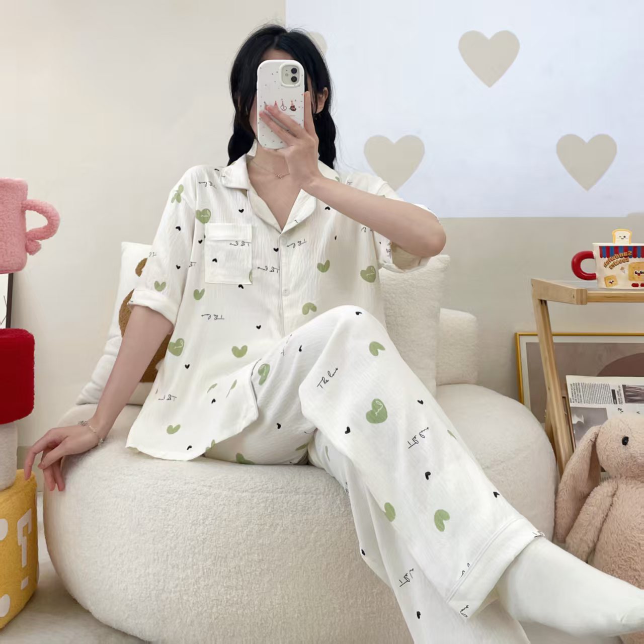 Comercio exterior al por mayor nubes de algodón de manga corta pantalones cardigans con la solapa pijamas de dibujos animados de mujer verano dulce ropa doméstica transfronteriza