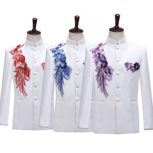 白色中山装男青年套装中国风立领唐装乐队合唱表演出团服开幕式服