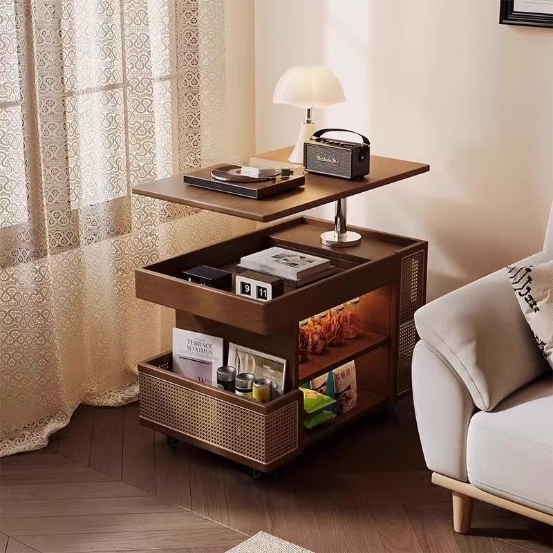 Multifunctional Solid Wood Mobile Liftable Coffee Table Sofa Trolley Small Apartment Living Room Simple Side Cabinet Rotating