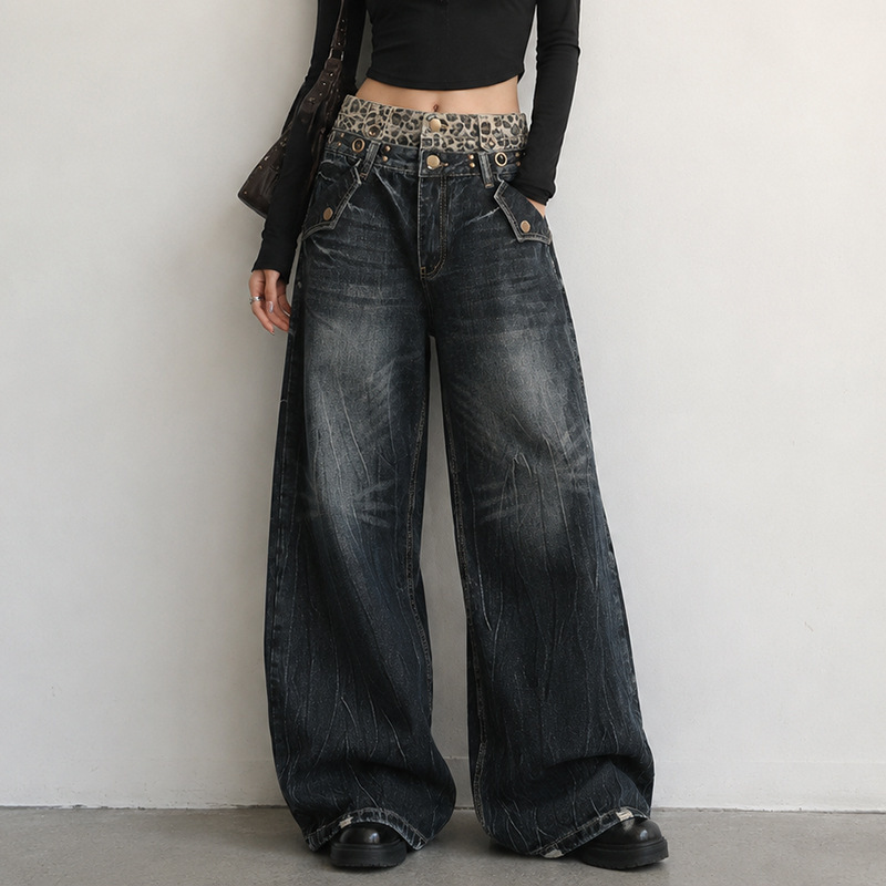 American Retro Style Double-Waistband Leopard Print Patchwork Ripped Design Straight-Leg Jeans Unisex Trendy Loose Pants American Retro Style Double-Waistband Leopard Print Patchwork Ripped Design Straight-Leg Jeans Unisex Trendy Loose Pants
