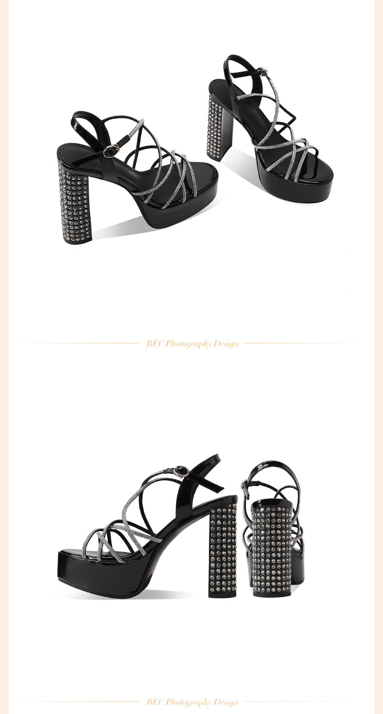 Giày sandal cao gót nữ hở mũi gót vuông pha lê đế platform dày — đen chi tiết 3