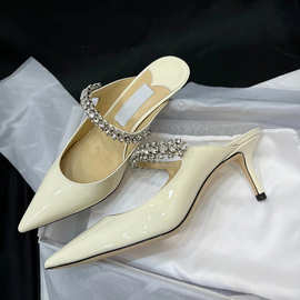 JC家高级水钻链条尖头半拖裸色羊皮软垫高跟鞋女细高跟一件代发