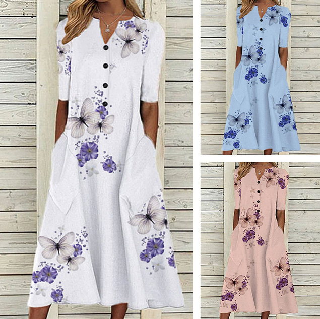 2025 Summer Amazon European and American Cross-Border Women's Printed V-Neck Short Sleeve Button Pocket Casual Dress for Women