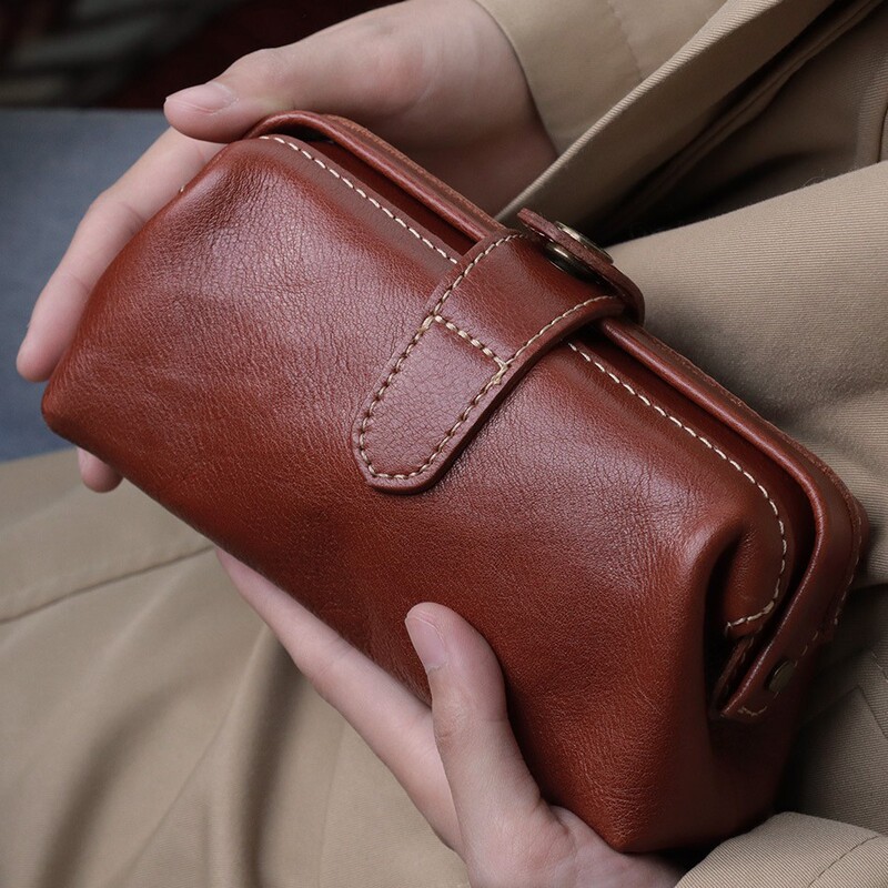 [J6] Original Literary Retro First-Layer Cowhide Gold Bag Genuine Leather Antique Cosmetics Bag Handbag Cosmetic Bag 6581