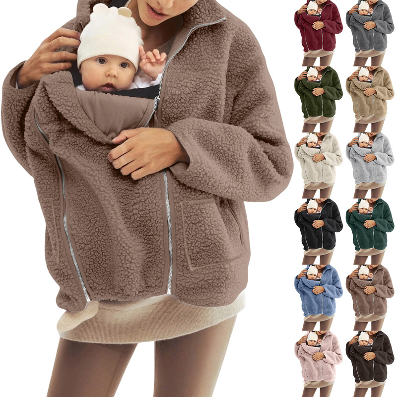 Cross-Border 2025 Autumn and Winter New Family Loose Kangaroo Mother and Child One-Piece Pure Color Lazy Style Lamb Wool Woolen Jacket