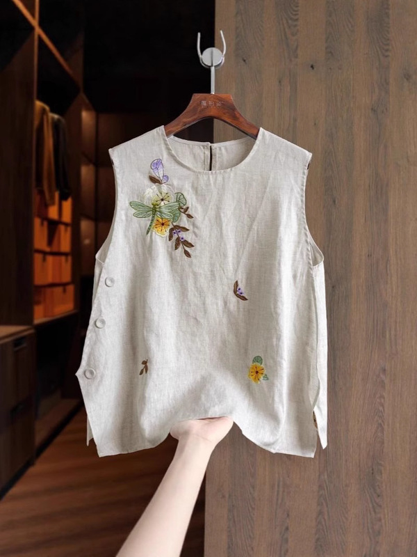中国風の綿とリネンの女性用ベスト、夏の新しいスタイル、重厚な刺繍ボタンデザイン、ノースリーブトップ、人気のスタイル|undefined