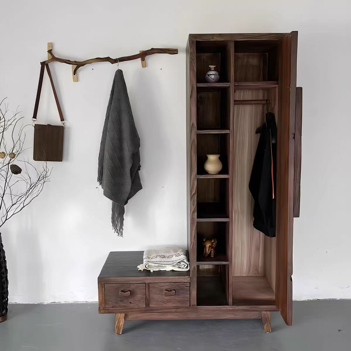 Wabi-Sabi Style Solid Wood Wardrobe, Antique Style B&B Tea Room Display Cabinet, Weathered Old Elm Wall Decorative Cabinet, Storage Cabinet