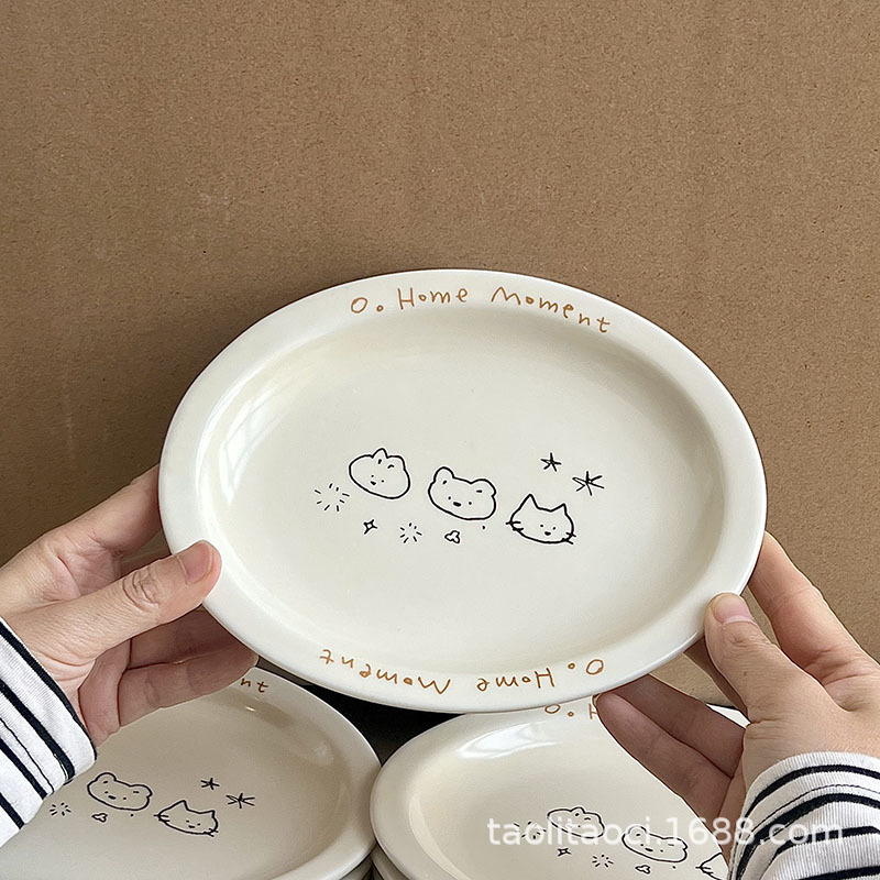 インかわいい落書き小動物デザートプレートセラミックオーバルプレートフルーツプレート韓国デザートサラダ朝食プレート|undefined