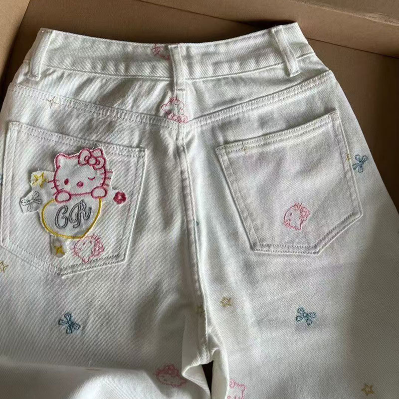 夏キティ猫刺繍ストレートパンツレディース韓国スタイルファットmmルーズハイウエスト多用途スリムワイドレッグジーンズ|undefined