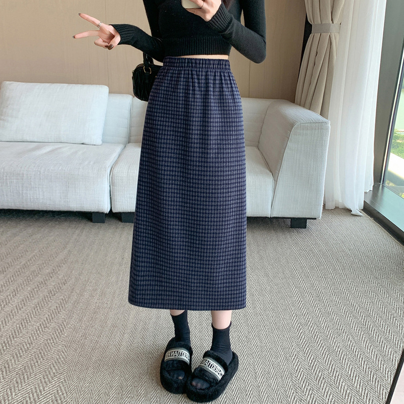 复古格子毛呢半身裙女秋冬松紧高腰显瘦休闲开叉a字中长款包臀裙|undefined