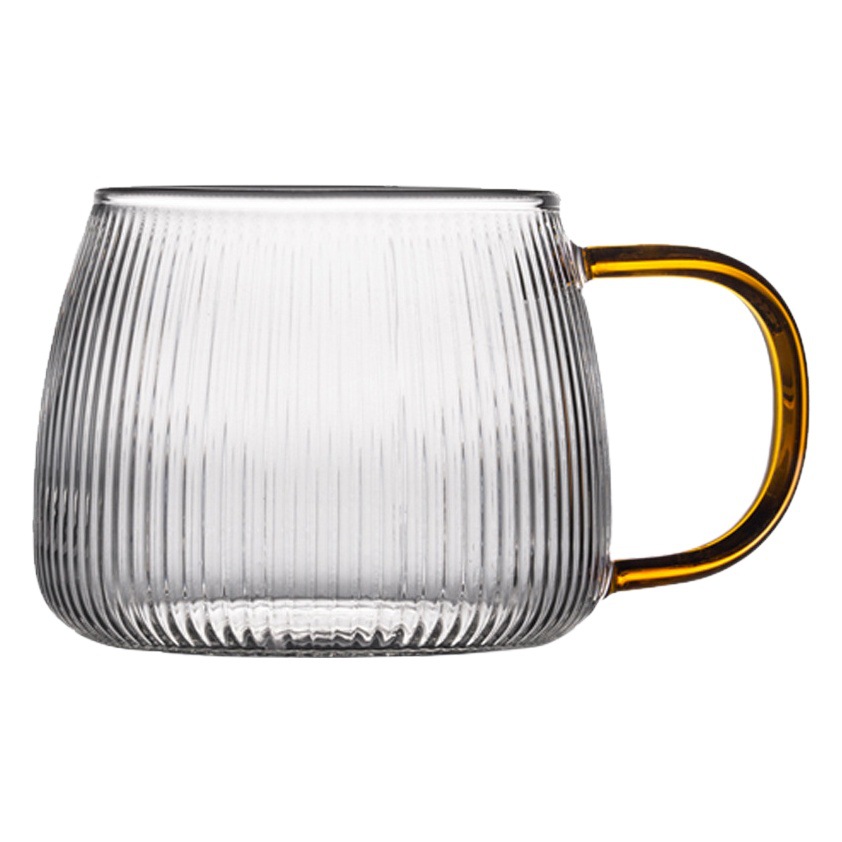 Vaso de vidrio con rayas verticales estilo japonés con asa, taza de agua de fondo plano apta para estufa eléctrica de cerámica, vidrio de borosilicato alto resistente a altas temperaturas