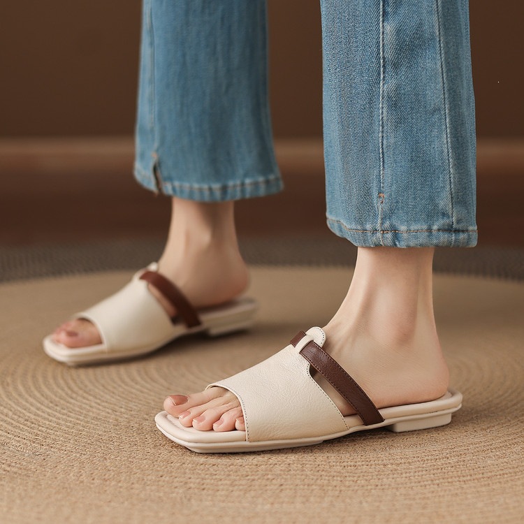 Dép sandal nữ xỏ ngón đế bệt phối màu hở mũi thời trang — màu trắng ngà, màu mơ chi tiết 26