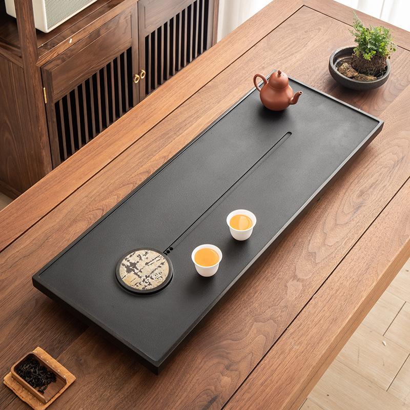 天然乌金石茶盘镶嵌国画石办公室排水家用简约天然石头茶盘厂批发