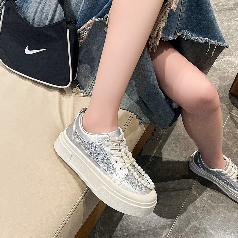 Silver Sequined Thick-Soled Sports Casual Shoes for Women 2025 Autum New Beaded High-Looking and Stylish Student Versatile Shoes