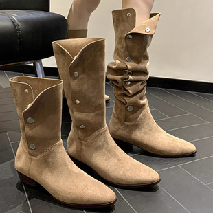 2024 Autumn and Winter New Style Thick Heel Mid-Calf Western Cowboy Knight Boots No More Than Knee-High Boots Long Tube Fashionable and Versatile