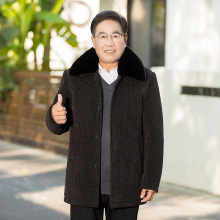 爸爸装冬季人造毛领防风毛呢加厚加绒大码宽松中老年男装保暖棉服
