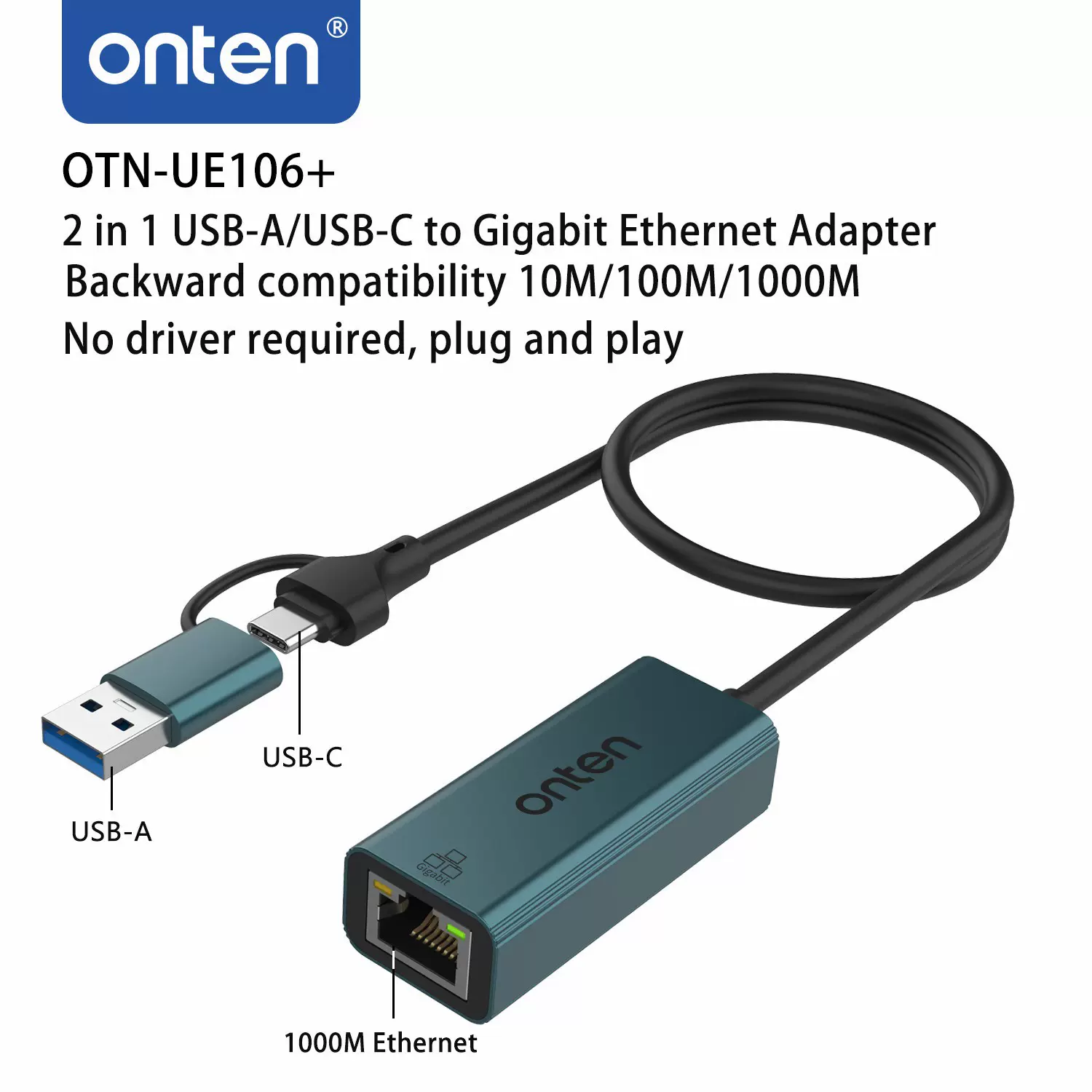 跨境typec转rj45千兆网口适配器 双接头长线适用Mac笔记本usb网卡