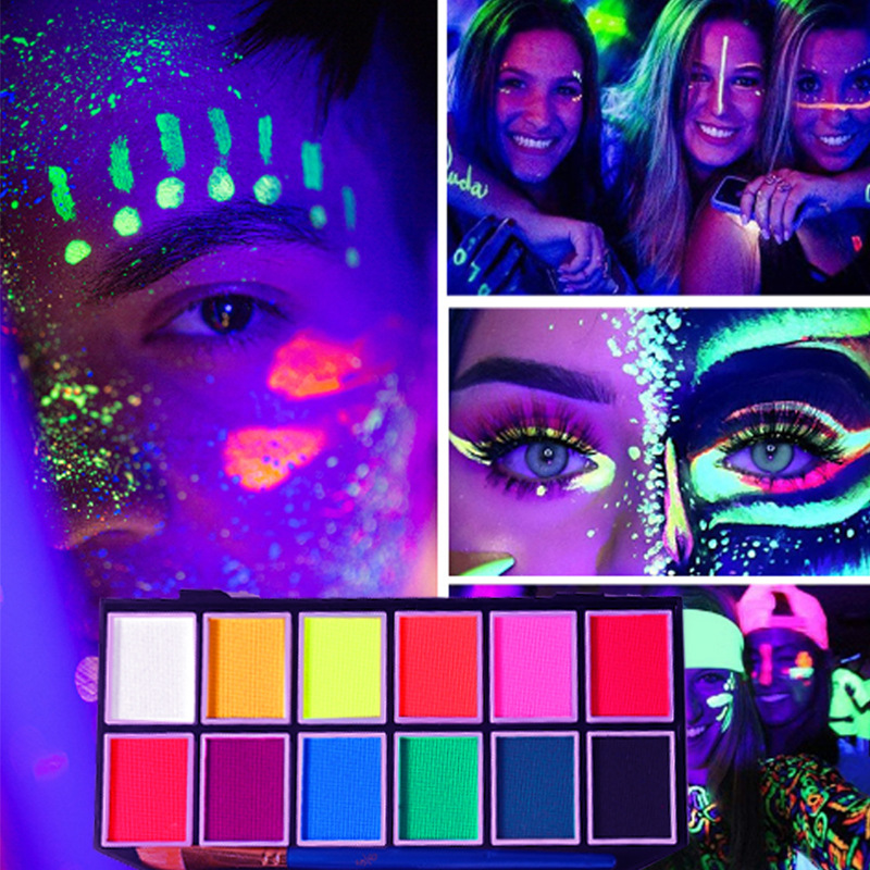 12 colores de pintura corporal fluorescente soluble en agua, adecuada para pintura facial, fácil de limpiar, pintura de acuarela para actuaciones en escenario, bricolaje