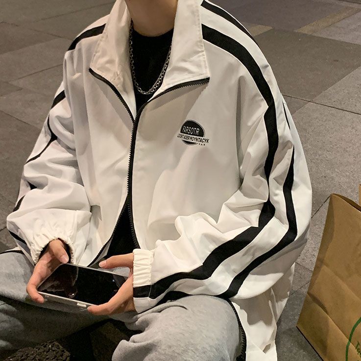 Hong Kong Style Korean Version Student Men's Casual Loose Striped Class Uniform Spring and Autumn Pilot Stand Collar Jacket Trendy Outerwear