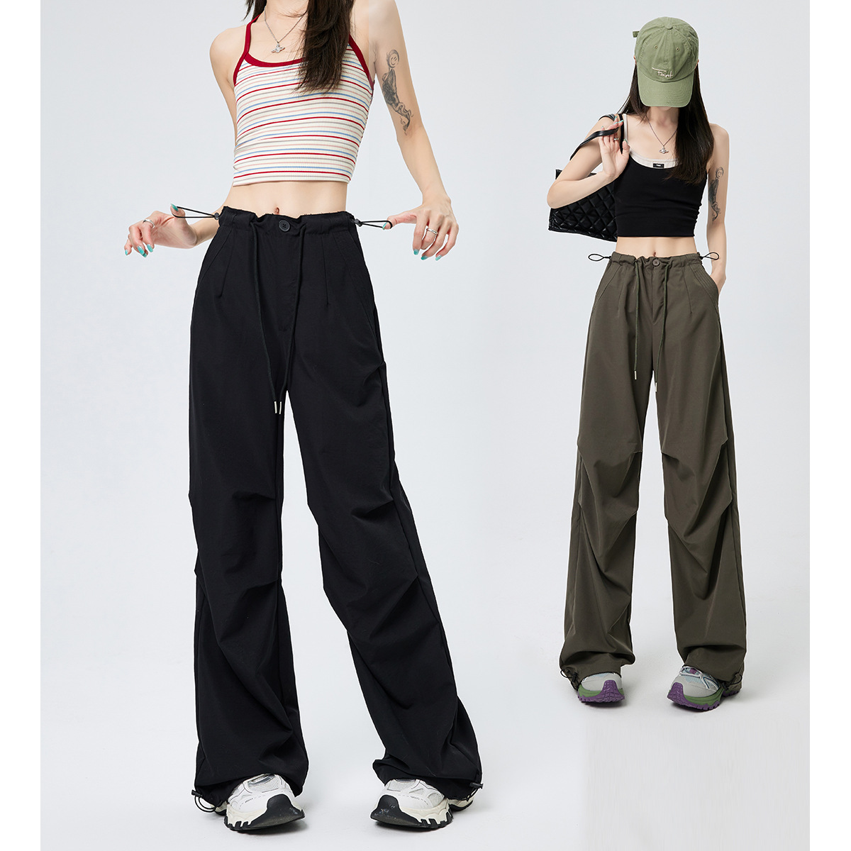 American-Style Quick-Dry Cargo Pants for Women, Spring and Summer High-Waisted Loose Straight-Leg Petite Casual Ice Silk Wide-Leg Sweatpants