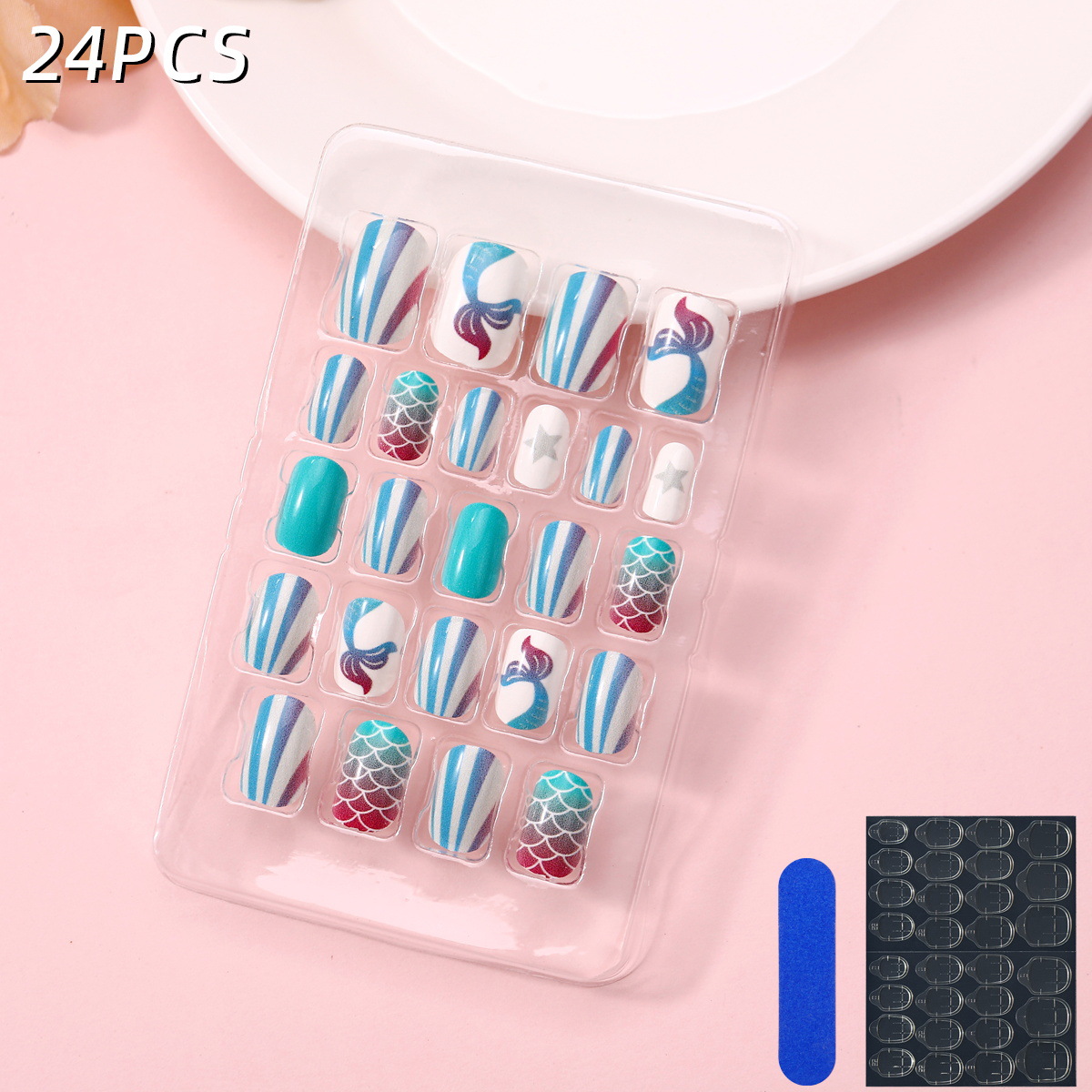 Juego de 24 piezas de uñas postizas para niños con diseño de dibujos animados, desmontables con adhesivo y exquisito diseño.