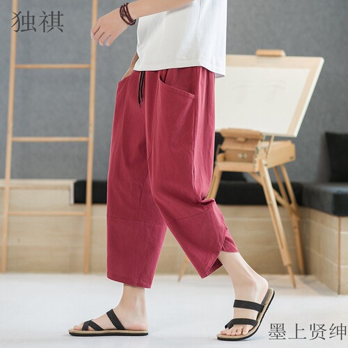 Cotton and linen 8/16 pants for men, summer thin breathable 7/16 shorts, outerwear loose wide-leg casual sports 9/16 pants