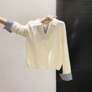 2026秋冬新款设计感拼接POLO领衬衫袖针织衫女毛衣假两件百搭上衣