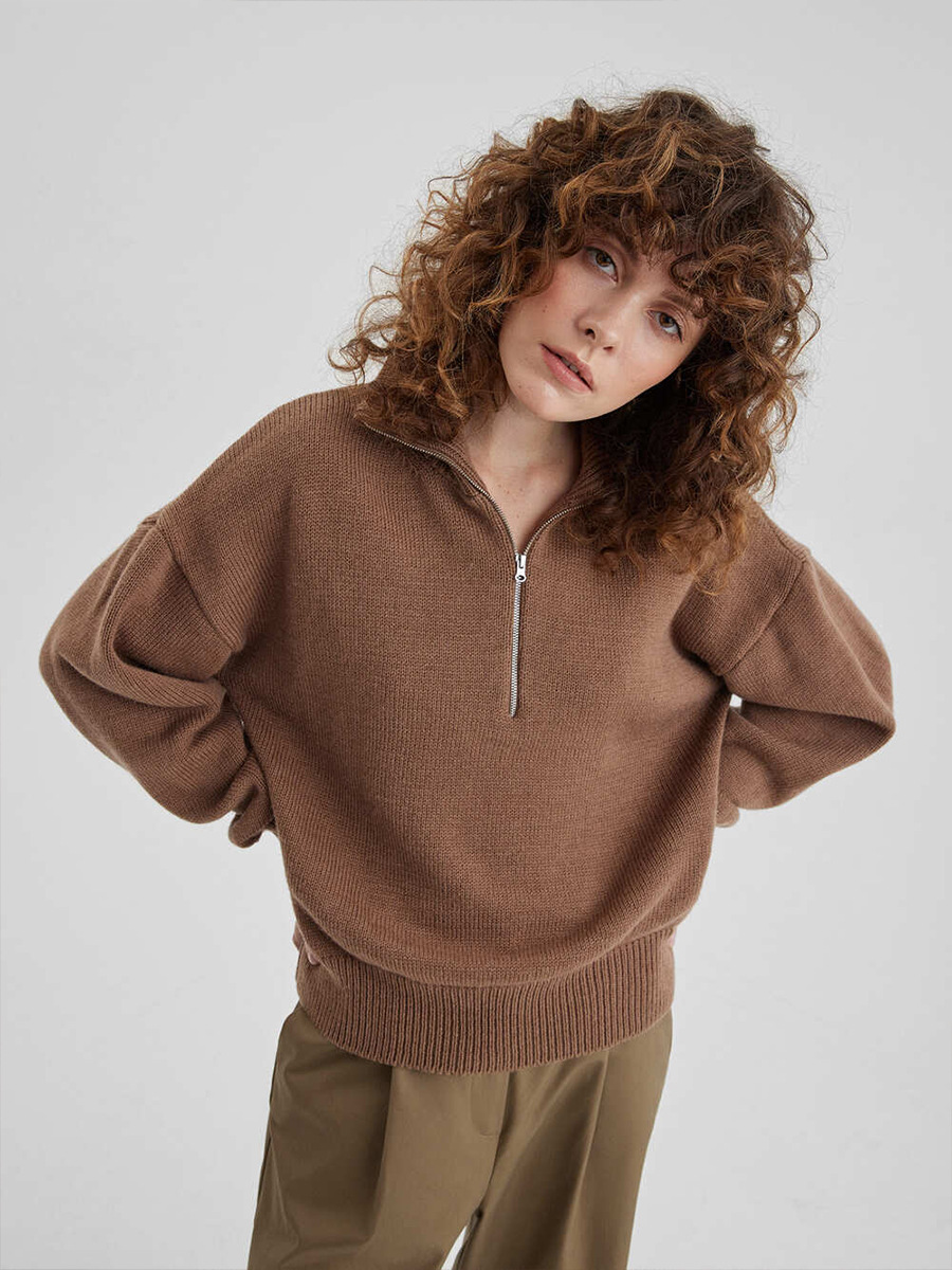 Transfronterizos de cuello medio cremallera suéter de cabeza mujer Europa y los Estados Unidos otoño y invierno 2025 nuevo suelto camiseta de punto perezosa camiseta superior