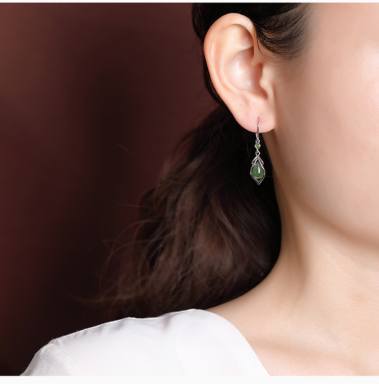 Bông tai nữ bạc S925 mạ vàng đính đá ngọc bích hình giọt nước phong cách retro — Kiểu màu vàng chi tiết 6