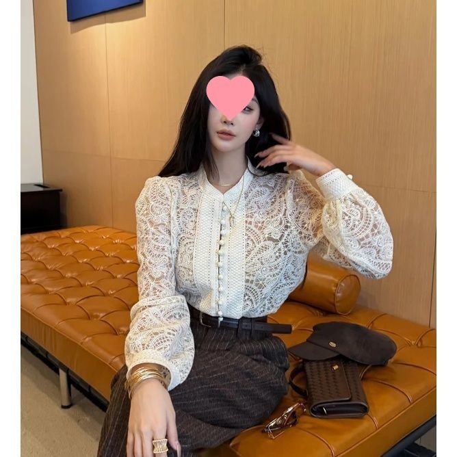 法式小香风单排扣甜美镂空钩花长袖蕾丝衫女2025秋季新款时尚上衣|undefined