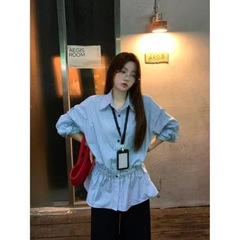 大码条纹长袖衬衫女秋季胖mm遮肚宽松显瘦高级感衬衣收腰气质上衣