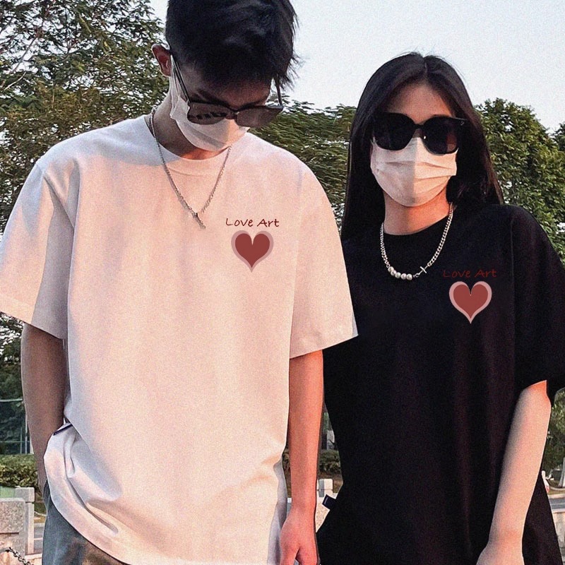 여름 새로운 퓨어 코튼 커플의 반팔 티셔츠 작은 어깨 하이 엔드 여름 루즈 프린트 반소매 탑