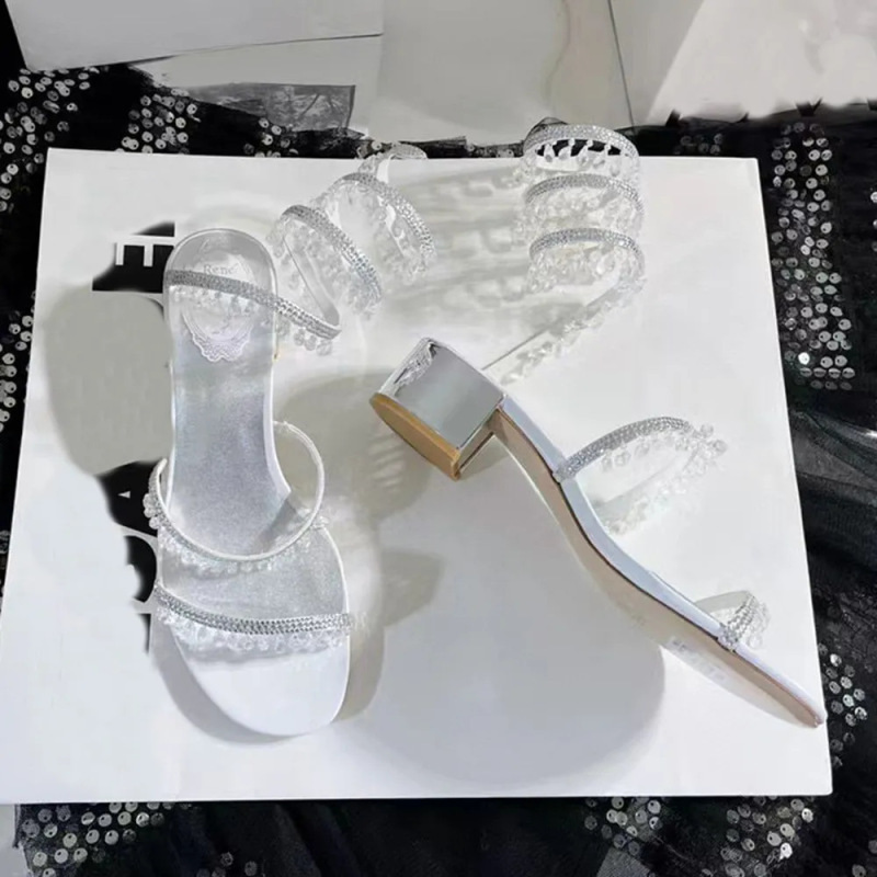 现货欧美外贸大码RC甜美水晶吊坠高跟凉鞋时尚水钻缠绕露趾细跟|undefined