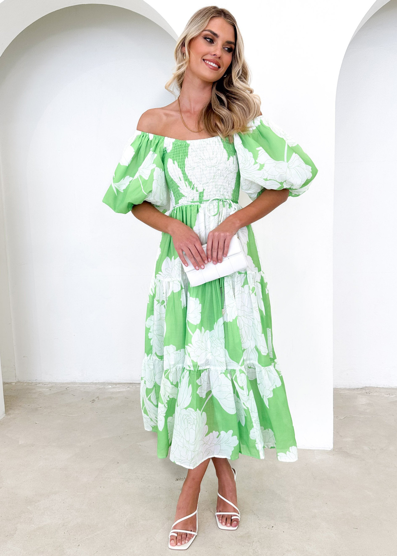 266g Weight Maxi Long Dress Dress Length Type Short Sleeve Sleeve Length Swing Dress Dresses Type Puff Sleeve Sleeve Type Polyester Fabric Type High Waist Waist Line Holiday, Daily Occasion Off Shoulder Neckline Slim Fit Type Flower Pattern Spring Season Women's Gender Printing Design Elegant, Pastoral Style Wholesale Women's Elegant Pastoral Printing Flower Holiday Daily Off Shoulder Short Sleeve Swing Dress 15